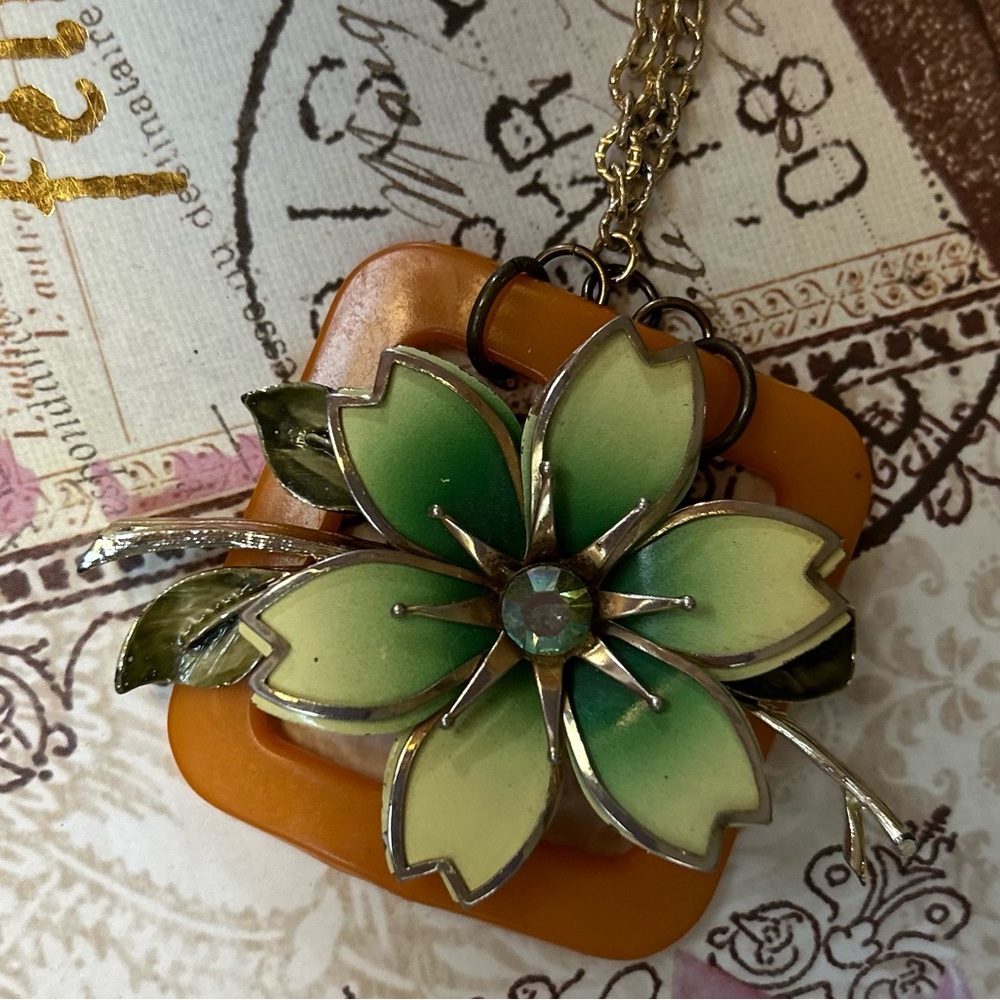 Hand Crafted Vintage Brooch and old plastic Buckle Necklace